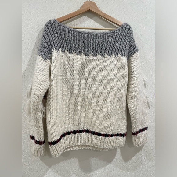 Current/Elliott Women's Rosemary Wool Alpaca Fringe Sweater Grey Cream - Picture 9 of 13